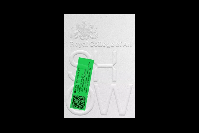 Flyer features Royal College of Art show details, with event dates and location on a green tag, against a white textured background.