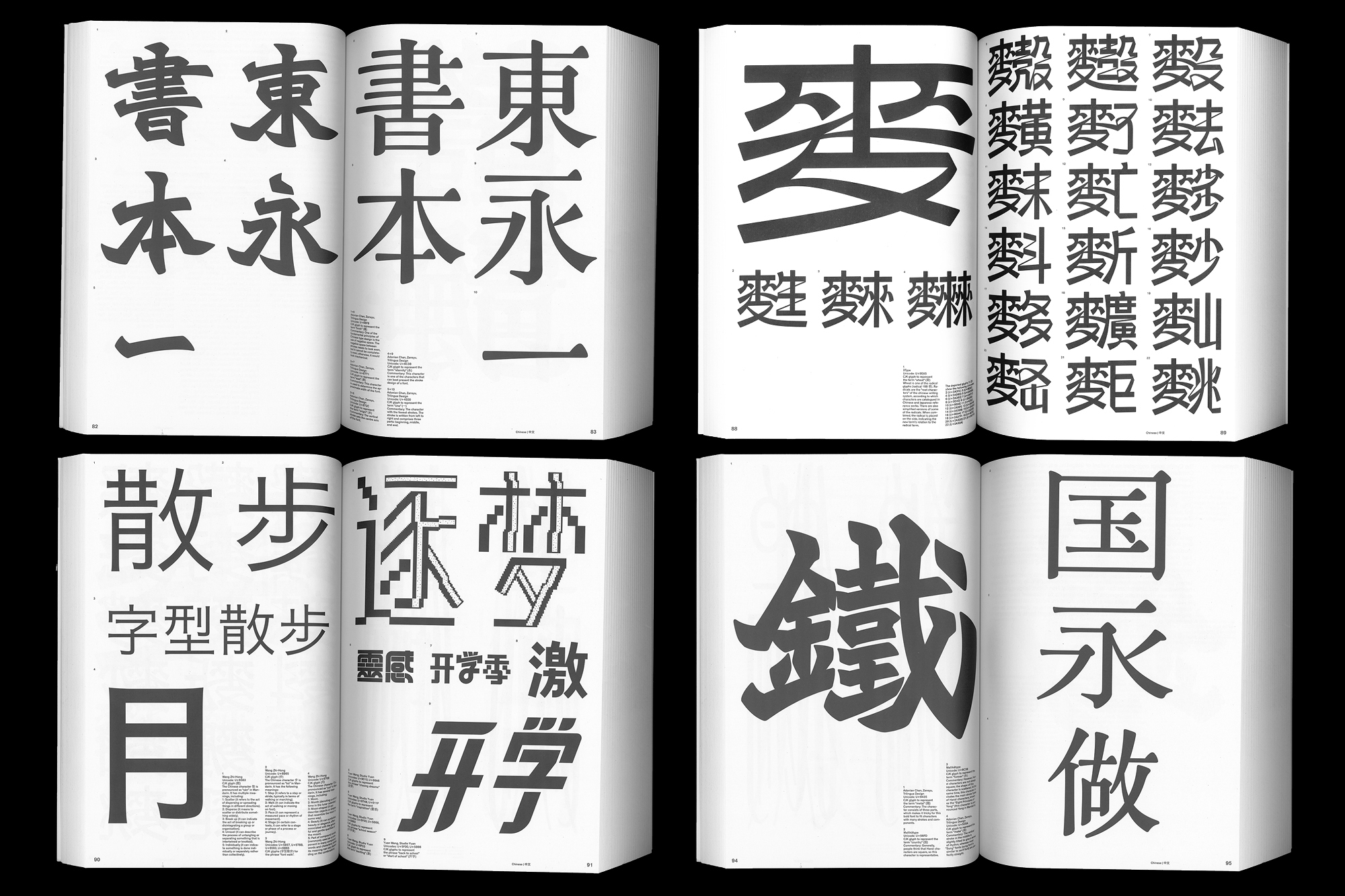 Open books display examples of black typography on white pages, showcasing various styles of fonts against a plain black background.