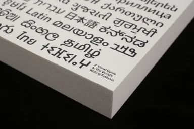 Close-up angled shot of a thick white book featuring diverse international writing systems printed in black on the cover page.