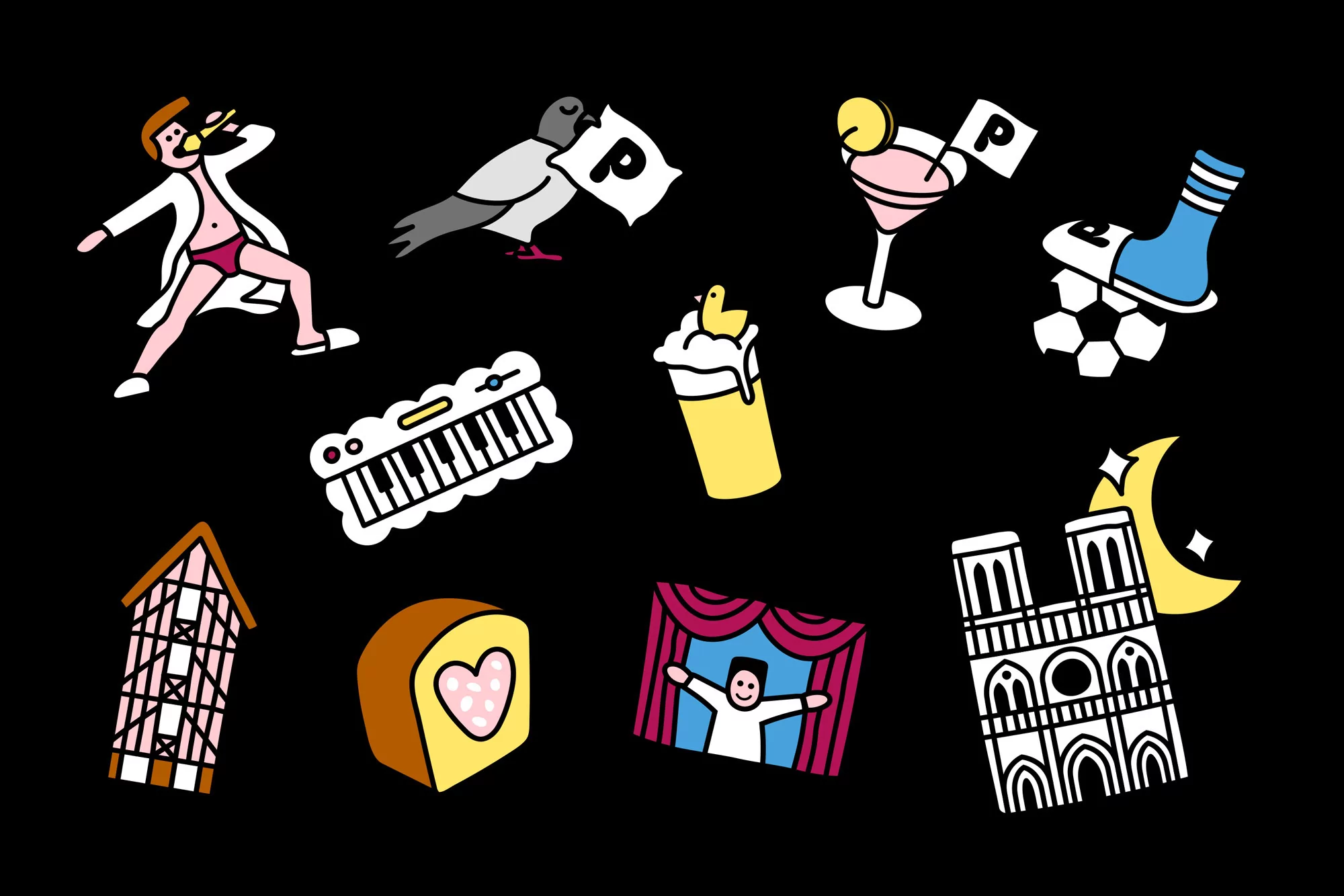 Cartoon illustration featuring a variety of whimsical icons: a man in underwear, pigeons, cocktail, soccer ball, keyboard, and landmarks.