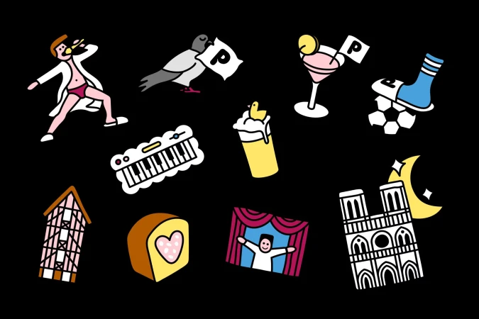 Cartoon illustration featuring a variety of whimsical icons: a man in underwear, pigeons, cocktail, soccer ball, keyboard, and landmarks.