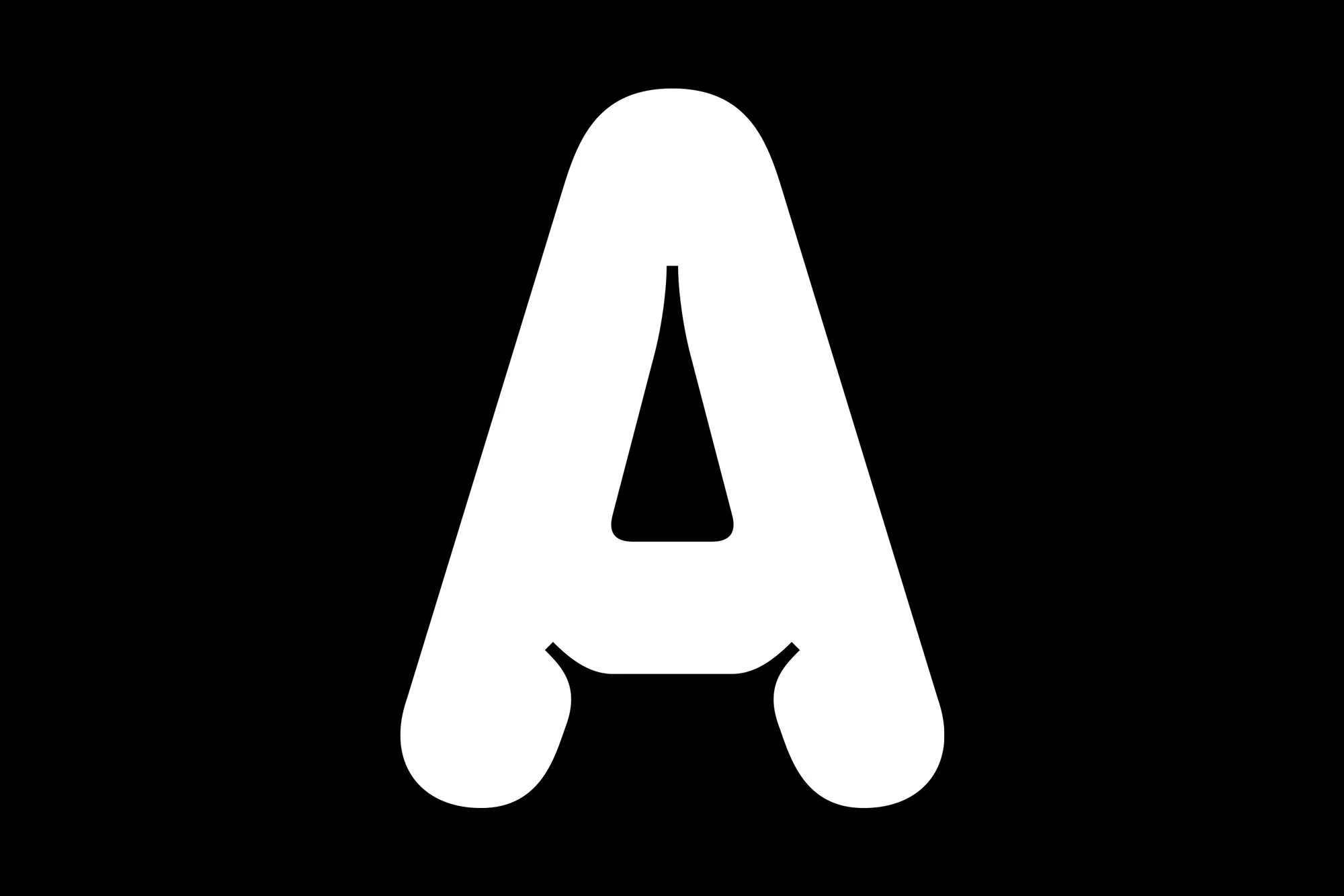 Bold graphic of the letter A in white against a black background, modern sans-serif typography, and strong visual impact.