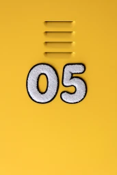 Close-up of a bright yellow locker surface featuring the number zero five in textured white chenille patches with black outlines