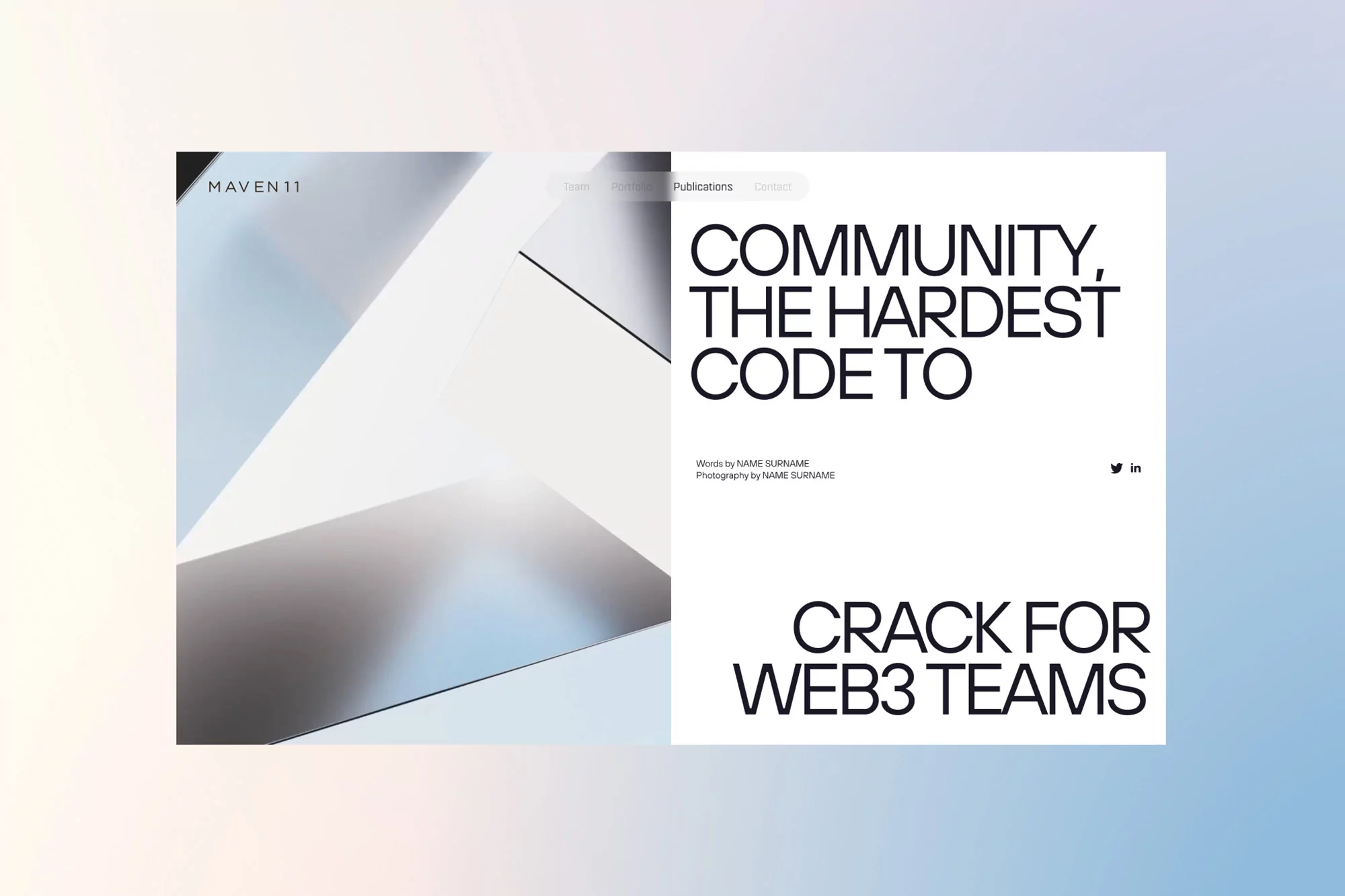Website interface featuring abstract design elements and bold typography promoting web3 teams and community building on a gradient background.