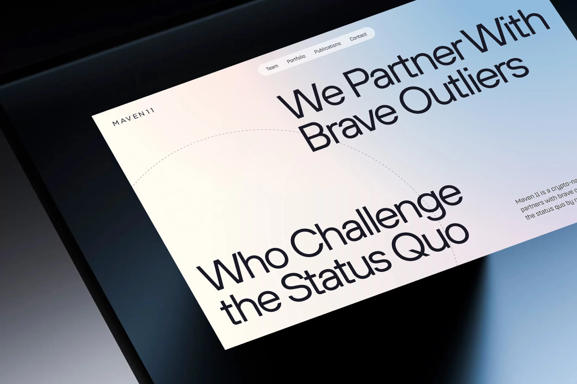 Website mockup featuring minimalist typography and a gradient background on a dark surface, showcasing modern web design.