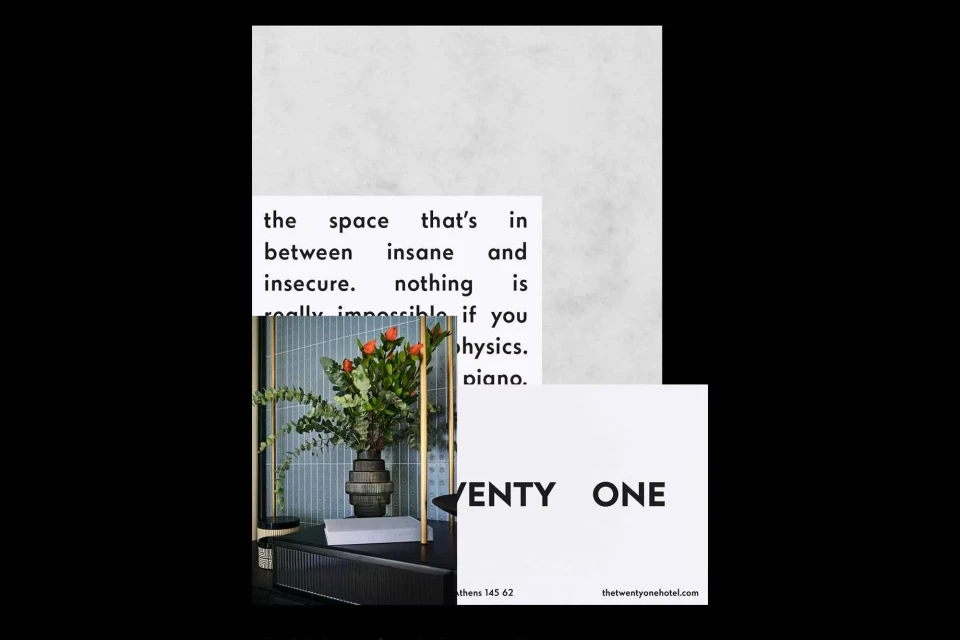 Interior still life showcases a vase of orange roses on a black cabinet, complemented by graphic design elements and text.