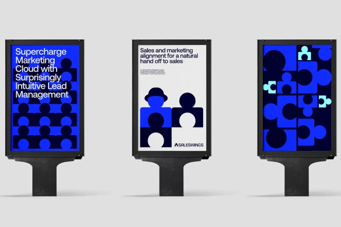 Three advertising posters feature marketing concepts in a graphic design aesthetic with a dark background, using blue, white, and black colors.