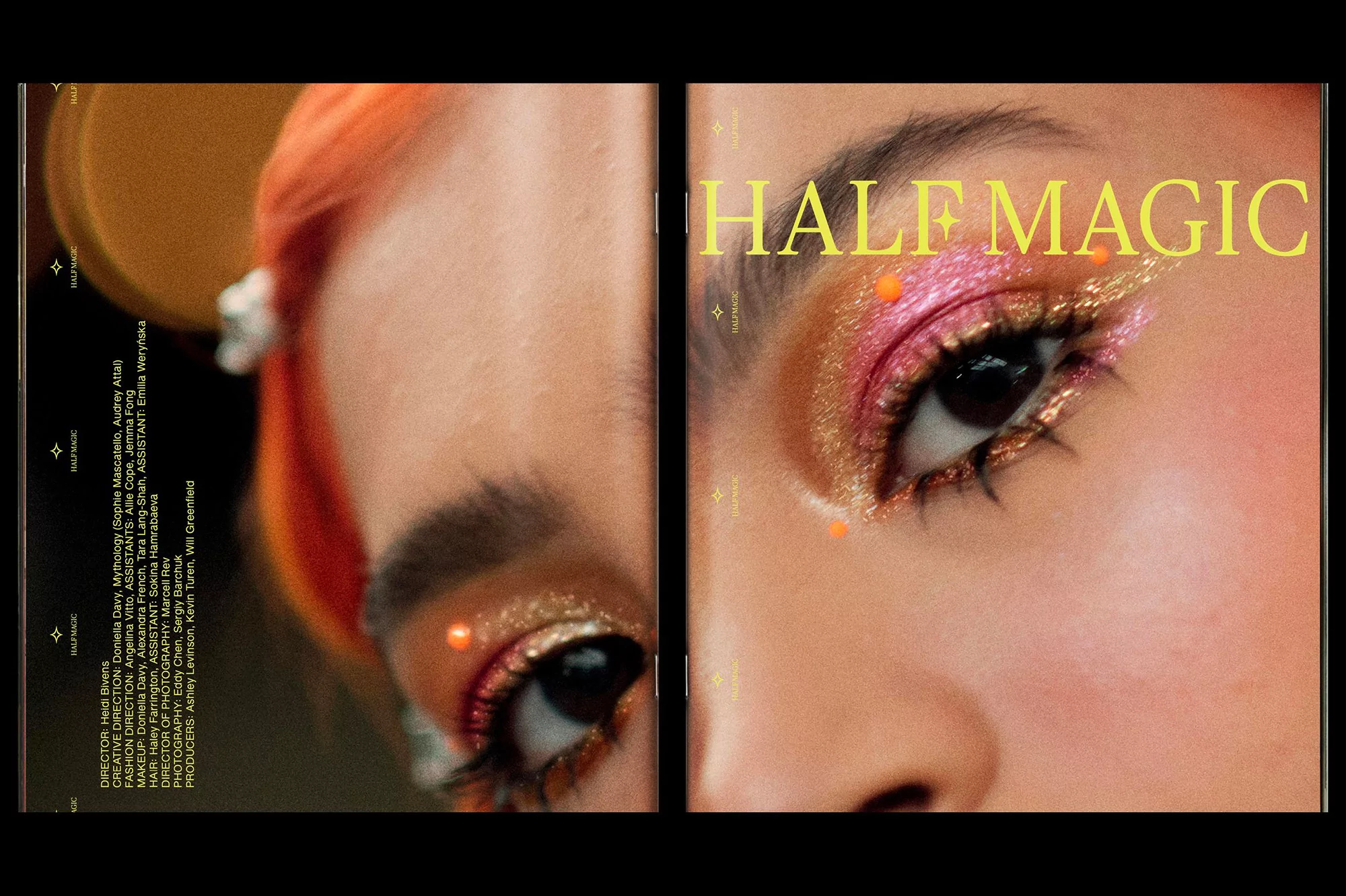 Close-up fashion magazine cover featuring a female model with colorful glitter makeup and vibrant orange hair. Eye-level perspective.