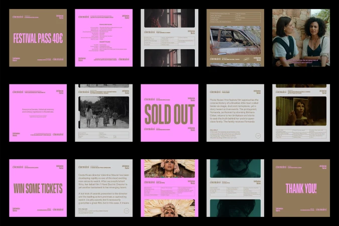 Collection of film-related posters with text in English and Spanish, featuring movie stills, sale announcements, and event promotions.