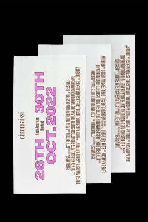 Three stacked white promotional cards featuring pink and black typography for the Cinemaissi Latin American Film Festival.