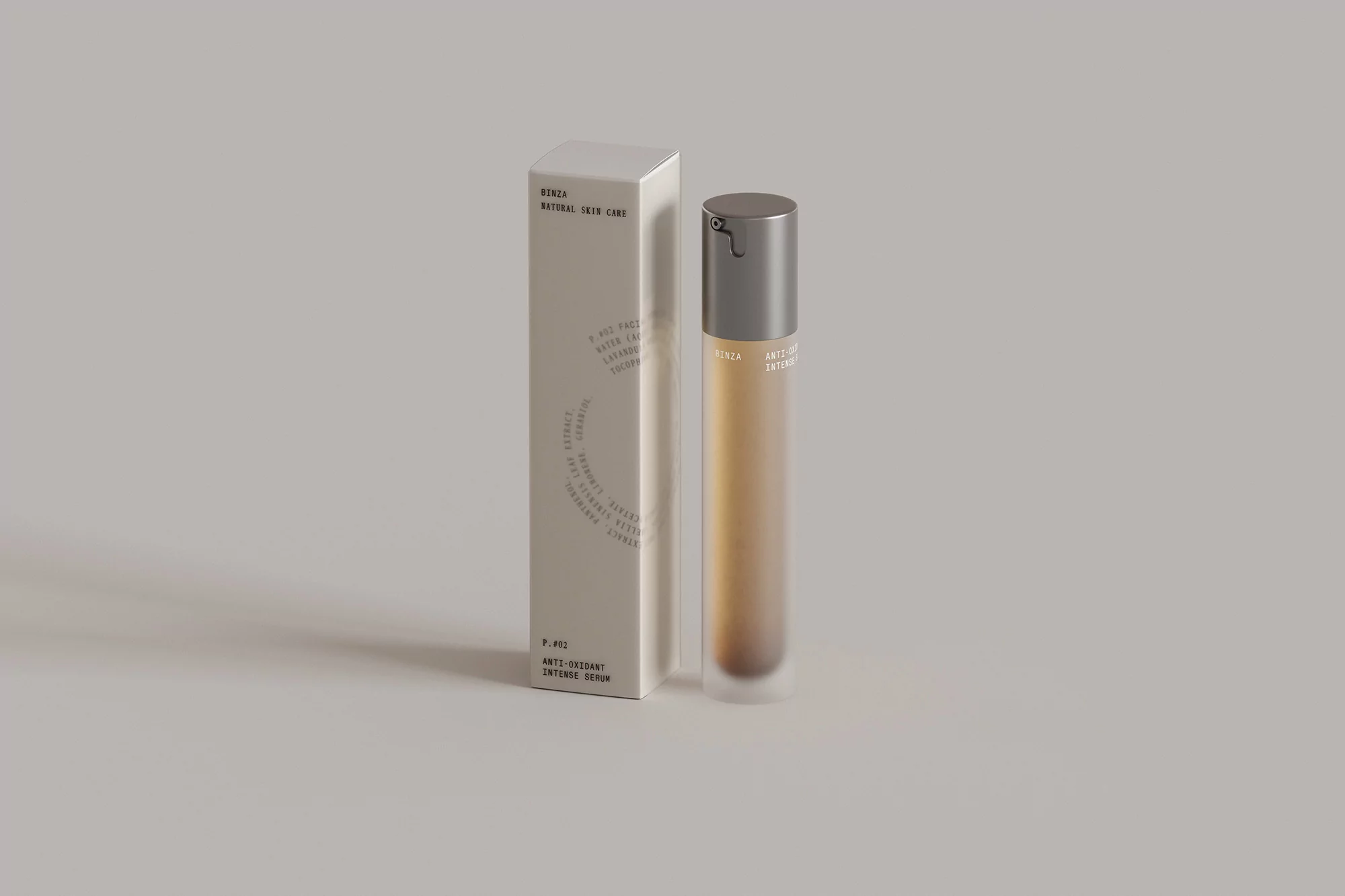 Cosmetic product presentation with a tan-colored serum bottle and white box on a neutral background for beauty and skincare promotion.