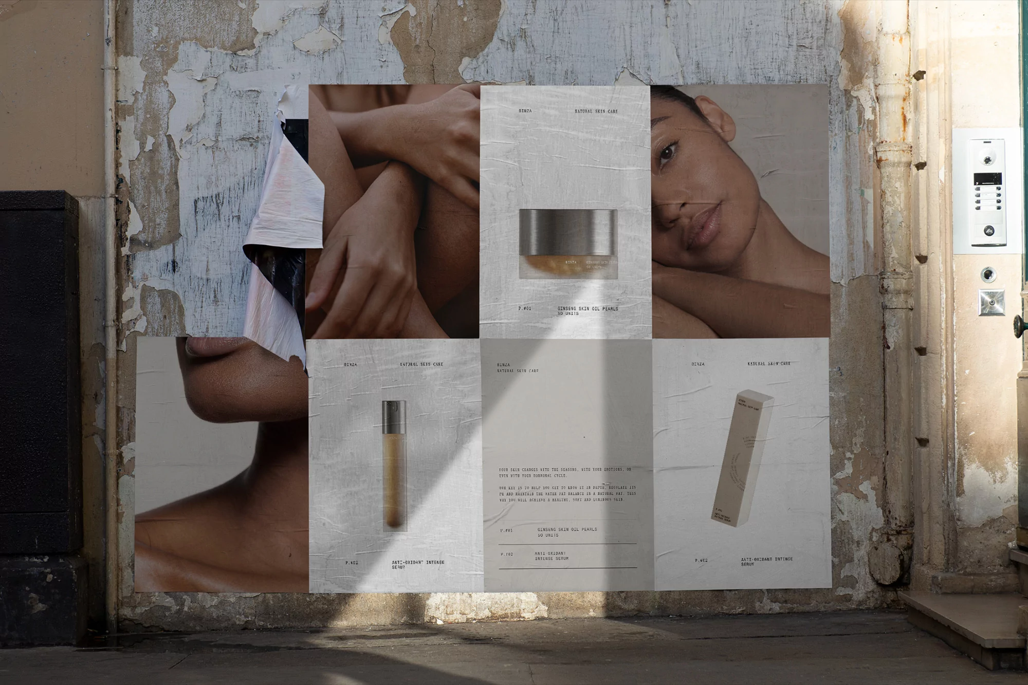 Beauty ad collage featuring skincare products and models on weathered urban background, promoting natural skincare and clean beauty.