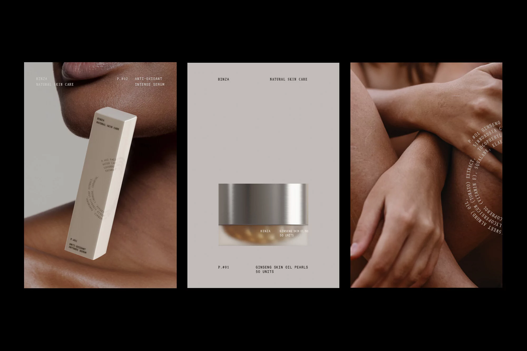 Close-up of skincare products from Kinza, featuring serum in box, jar of oil pearls, and model's arms, all in a minimalist aesthetic.