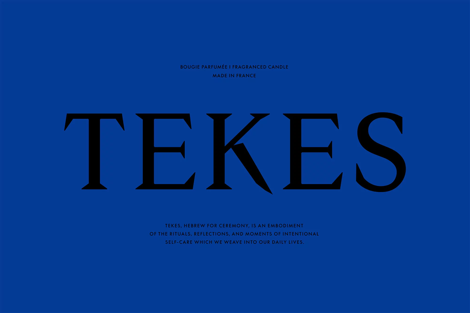 Graphic text art in shades of black on a blue backdrop, prominently featuring the word 'TEKES' and smaller text about fragranced candles.