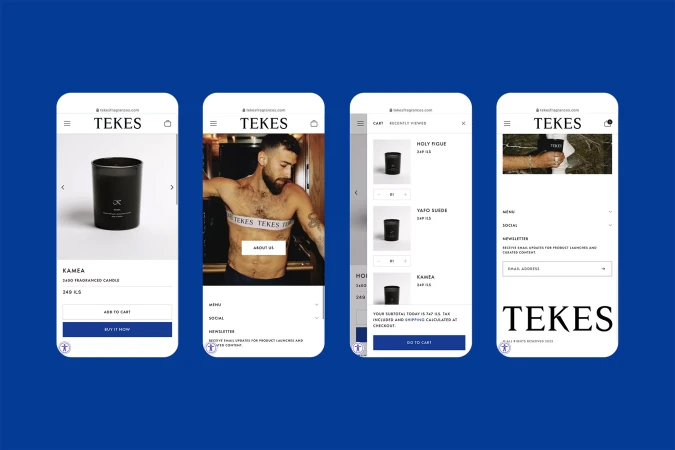 Multiple smartphone screens displaying a fragrance company's website, showing product pages, model images, and text on a blue background.