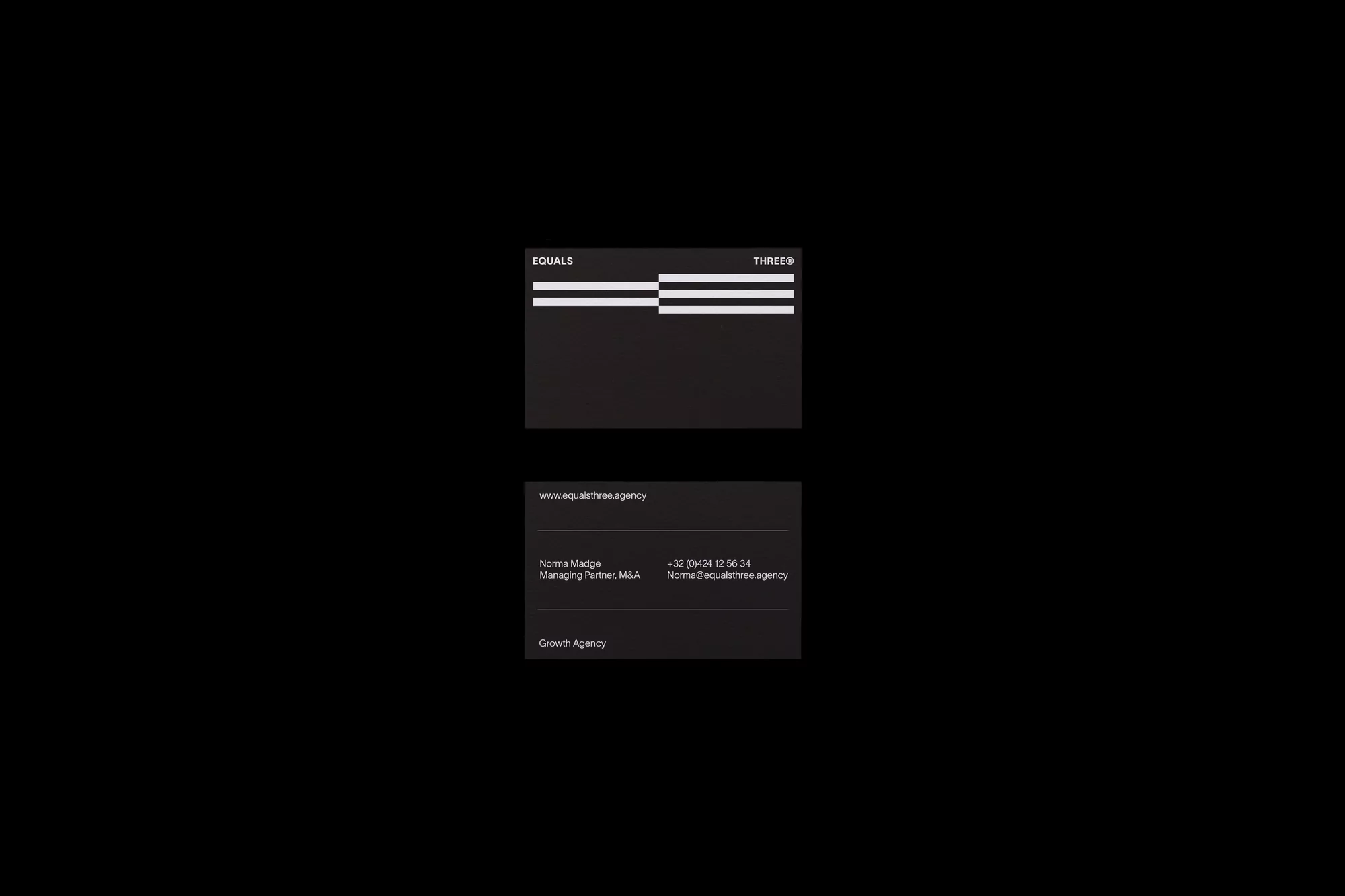 Black and white business cards are stacked, featuring the company name EQUALS THREE, contact information, and growth agency details.