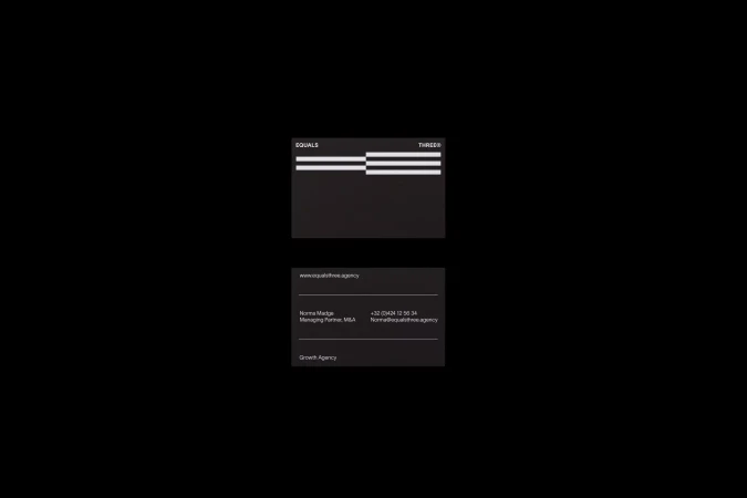 Black and white business cards are stacked, featuring the company name EQUALS THREE, contact information, and growth agency details.