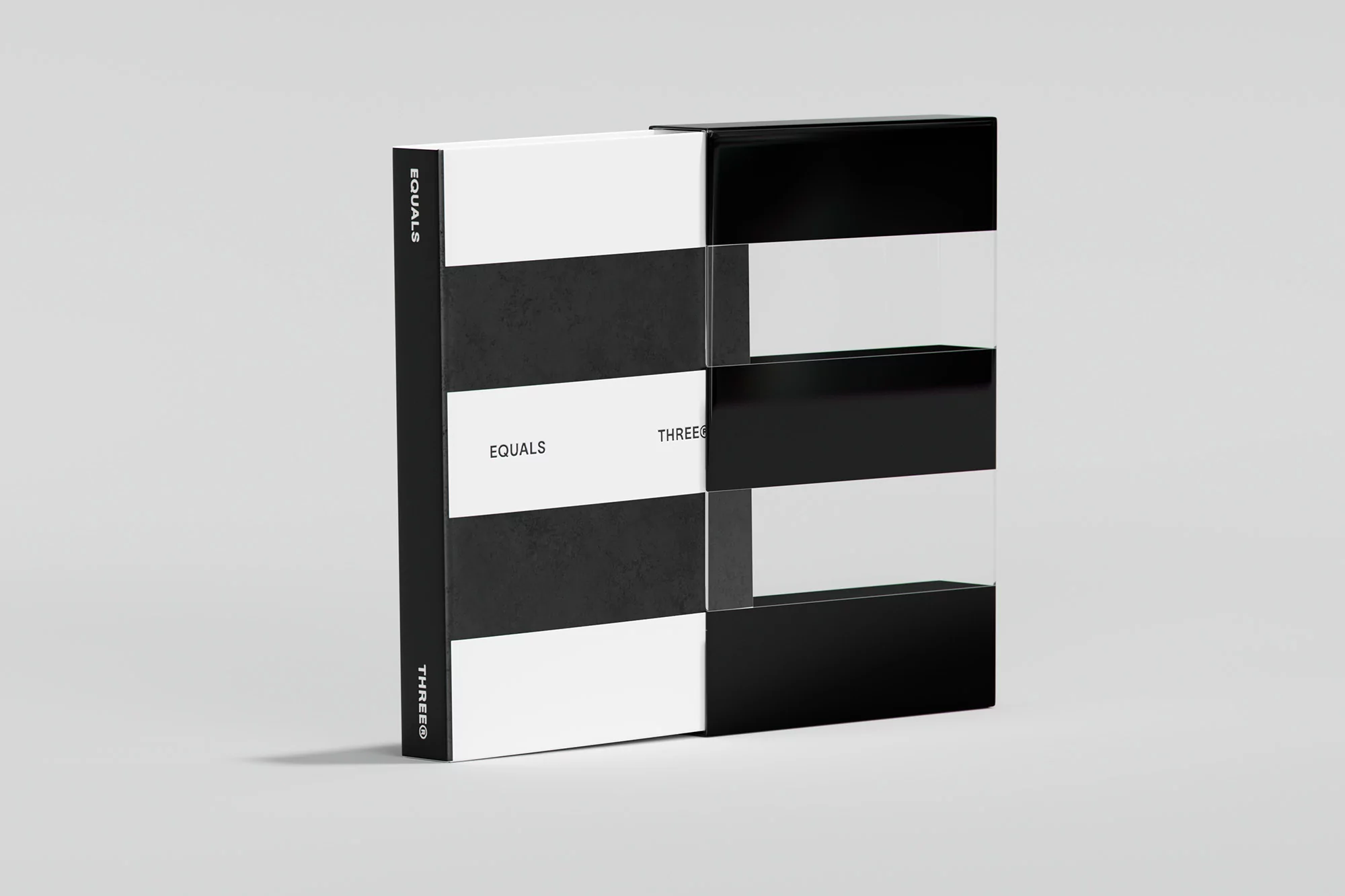 Abstract art featuring the words 'Equals' and 'Threes' in a black and white striped pattern on a gray background.