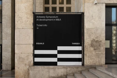 Black and white graphic poster with text Antwerp Symposium on a stone building exterior above steps