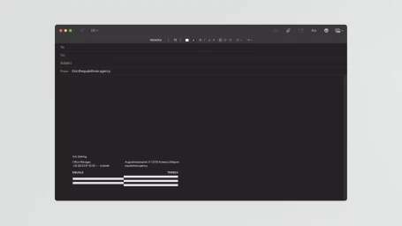 Dark-themed email client software interface displaying message composition with clean minimalist typography against a grey background.
