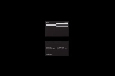 Two black business cards featuring minimalist white typography and geometric logo design against a dark background