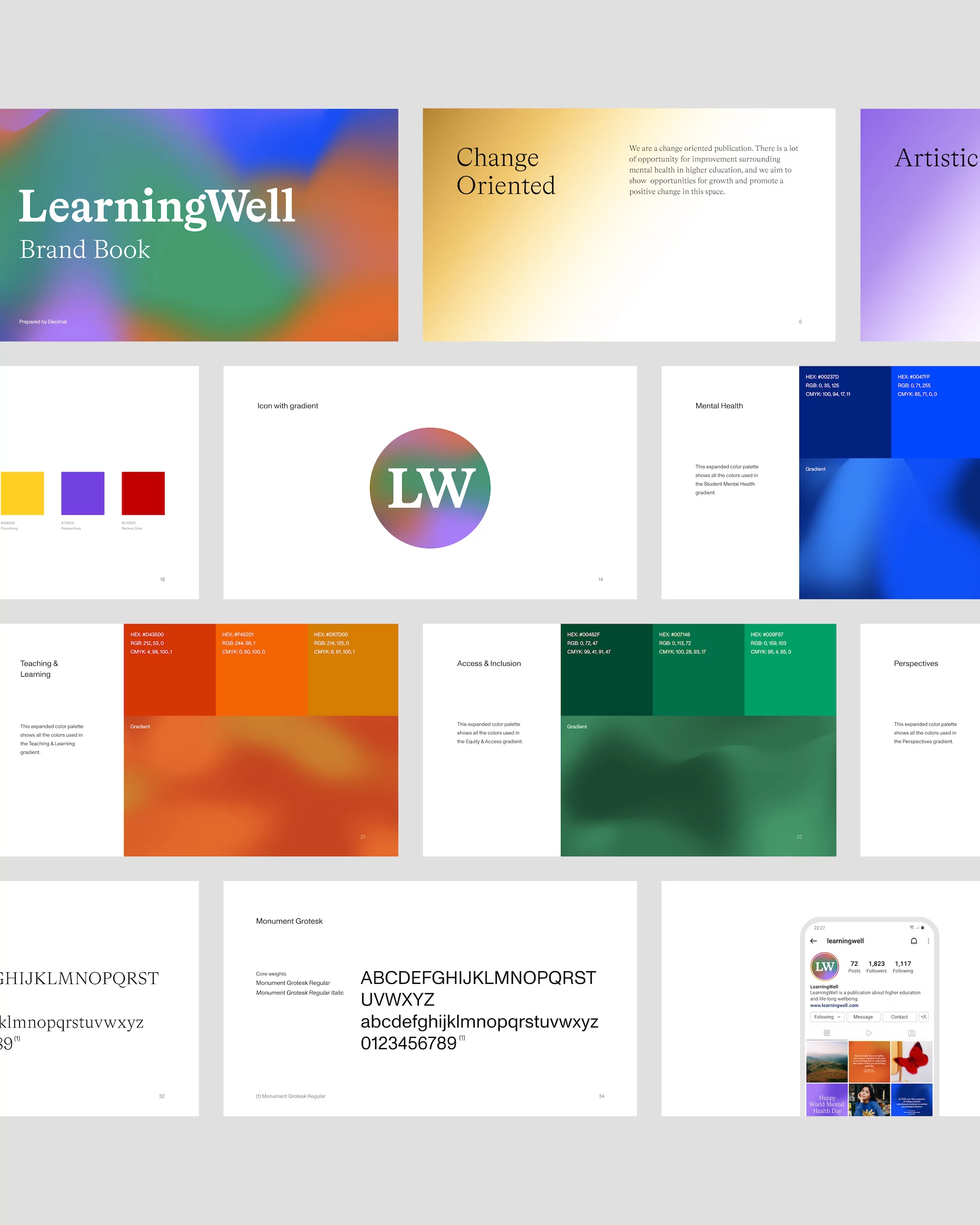 Brand book layout featuring typography samples, color palettes, and logo designs presented on multiple pages with a clean, minimalist style.