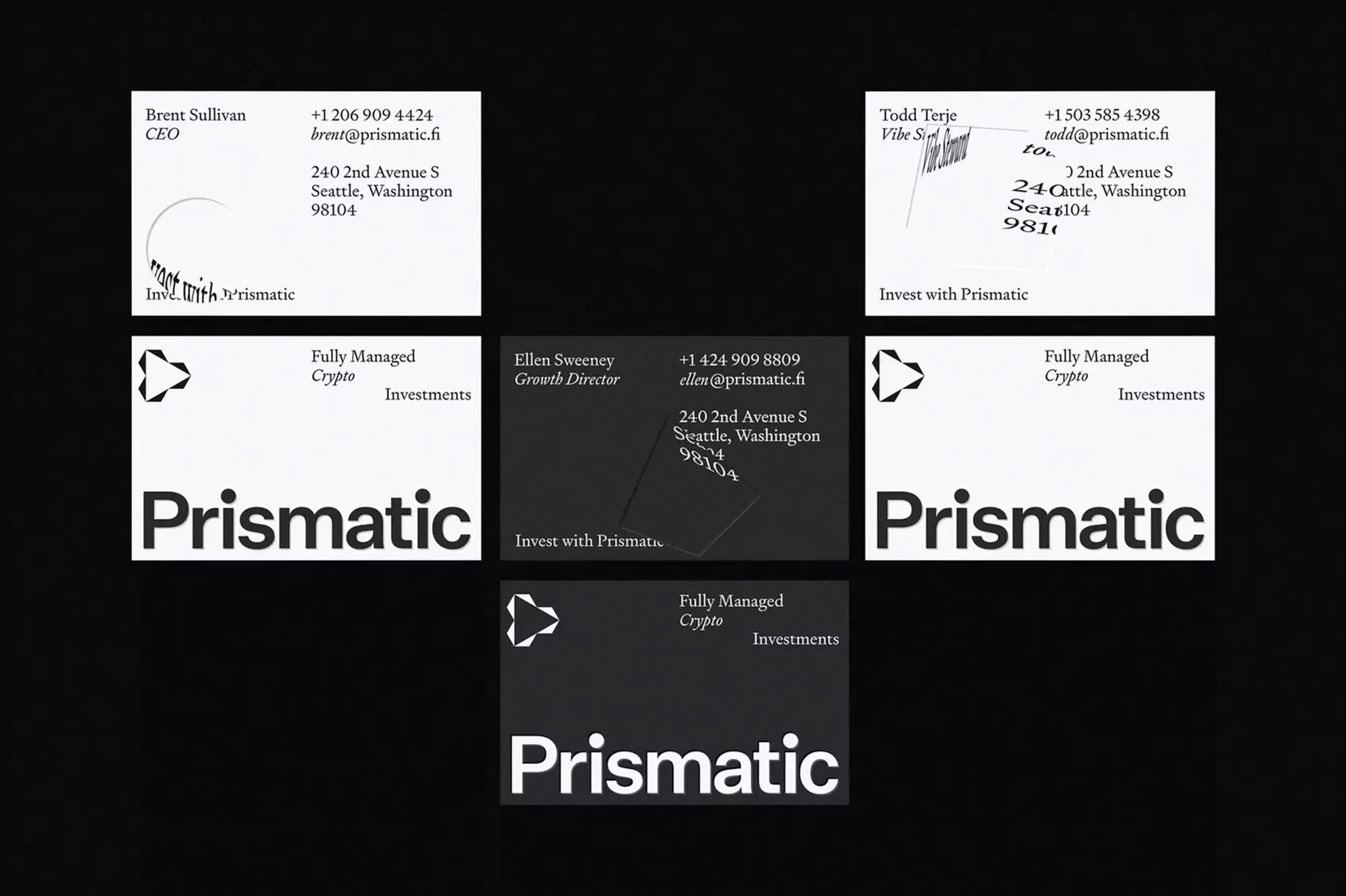 Collection of Prismatic business cards featuring names, titles, contact details, logo, and address against a black background.