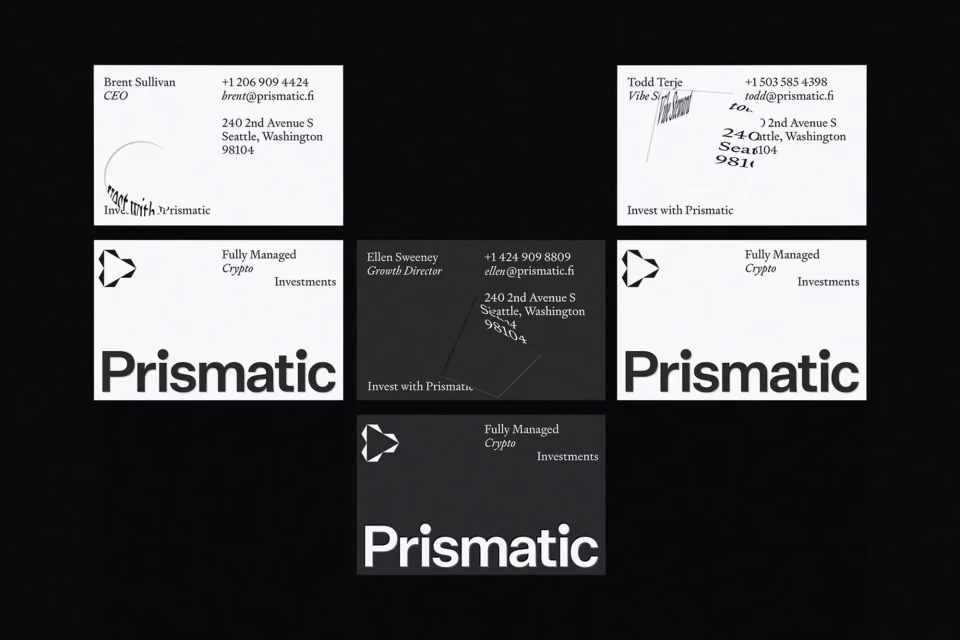 Collection of Prismatic business cards featuring names, titles, contact details, logo, and address against a black background.