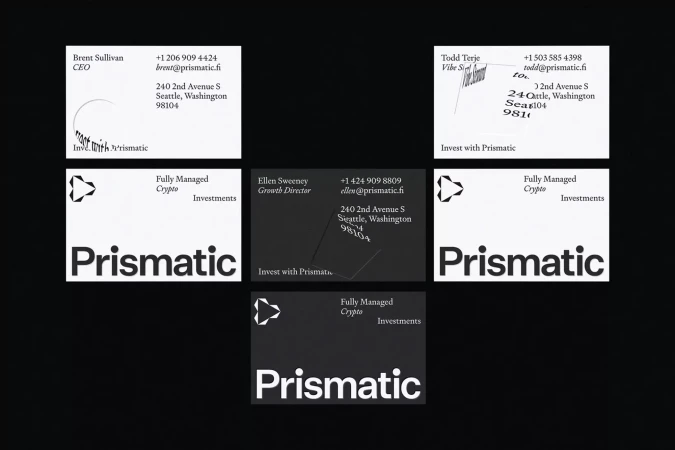 Collection of Prismatic business cards featuring names, titles, contact details, logo, and address against a black background.