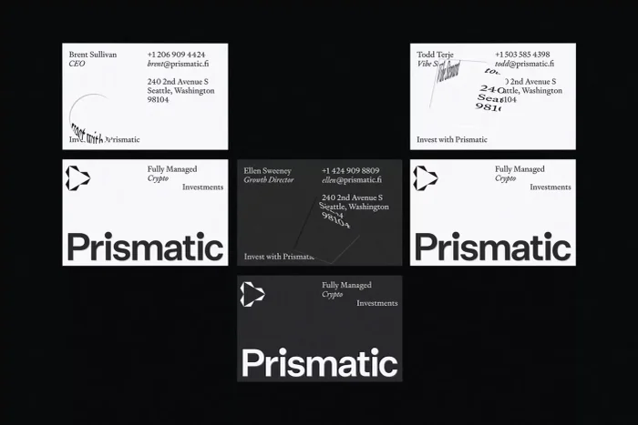 Multiple black and white business cards featuring the Prismatic corporate brand identity and typography design.
