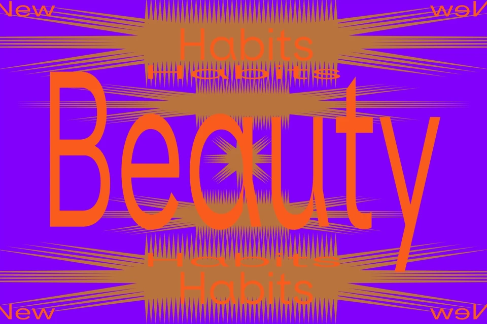 Abstract typographic art with 'Beauty' in orange over a purple background with radiating orange and brown lines, plus the text 'Habits'.