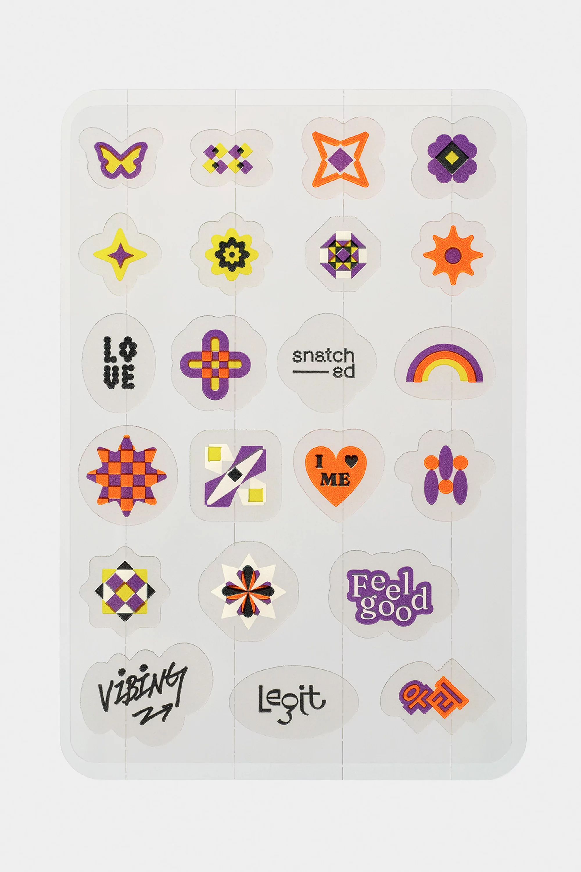 Sheet of whimsical, colorful stickers featuring various shapes, symbols, and typography, perfect for adding a playful touch.