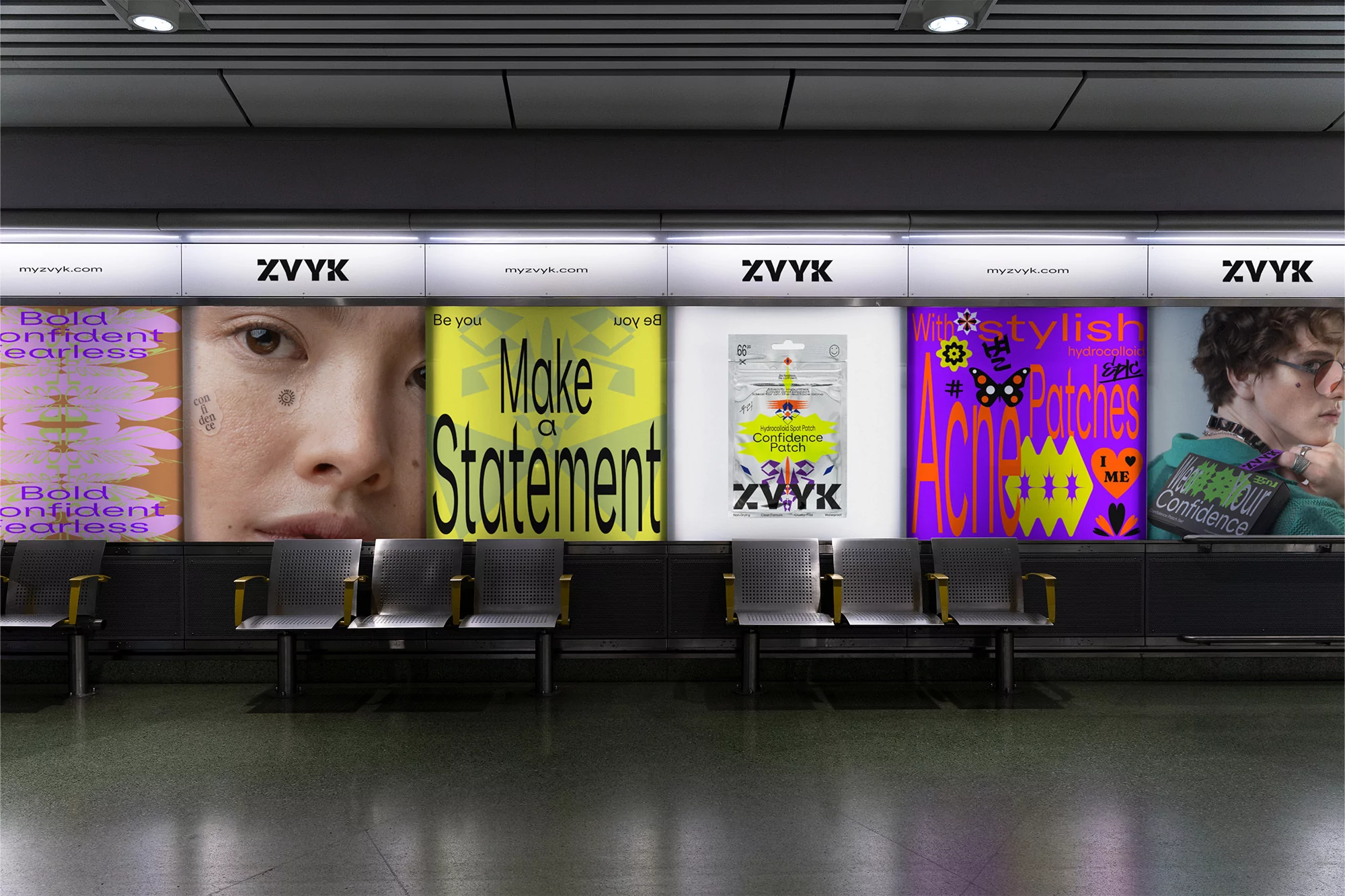 Subway station advertising campaign featuring diverse posters with text: 'Bold Confident Fearless,' 'Make a Statement,' and acne patches product.