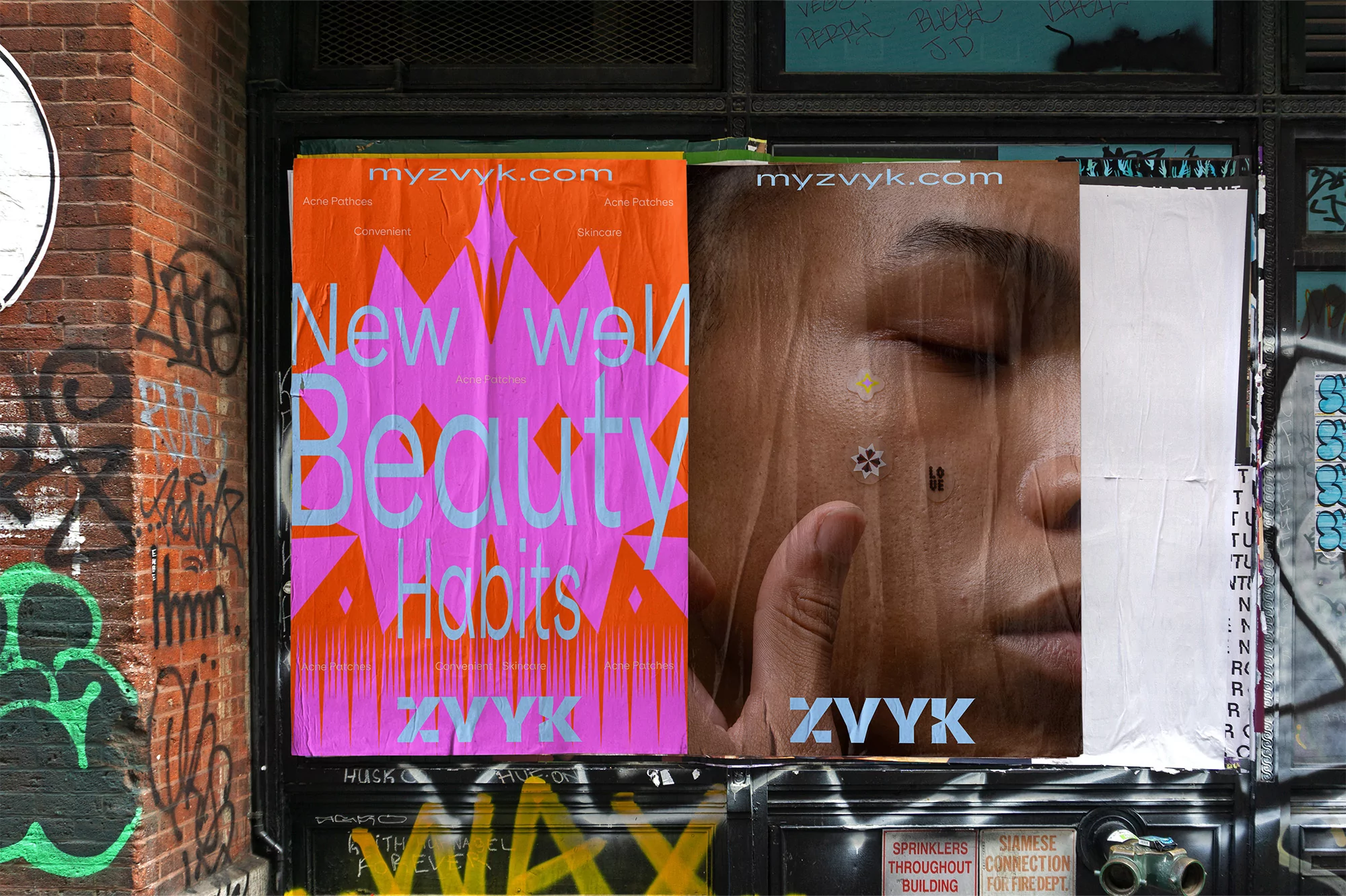 Outdoor advertising on a building featuring beauty and skincare product posters with text and close-up face of person using product.