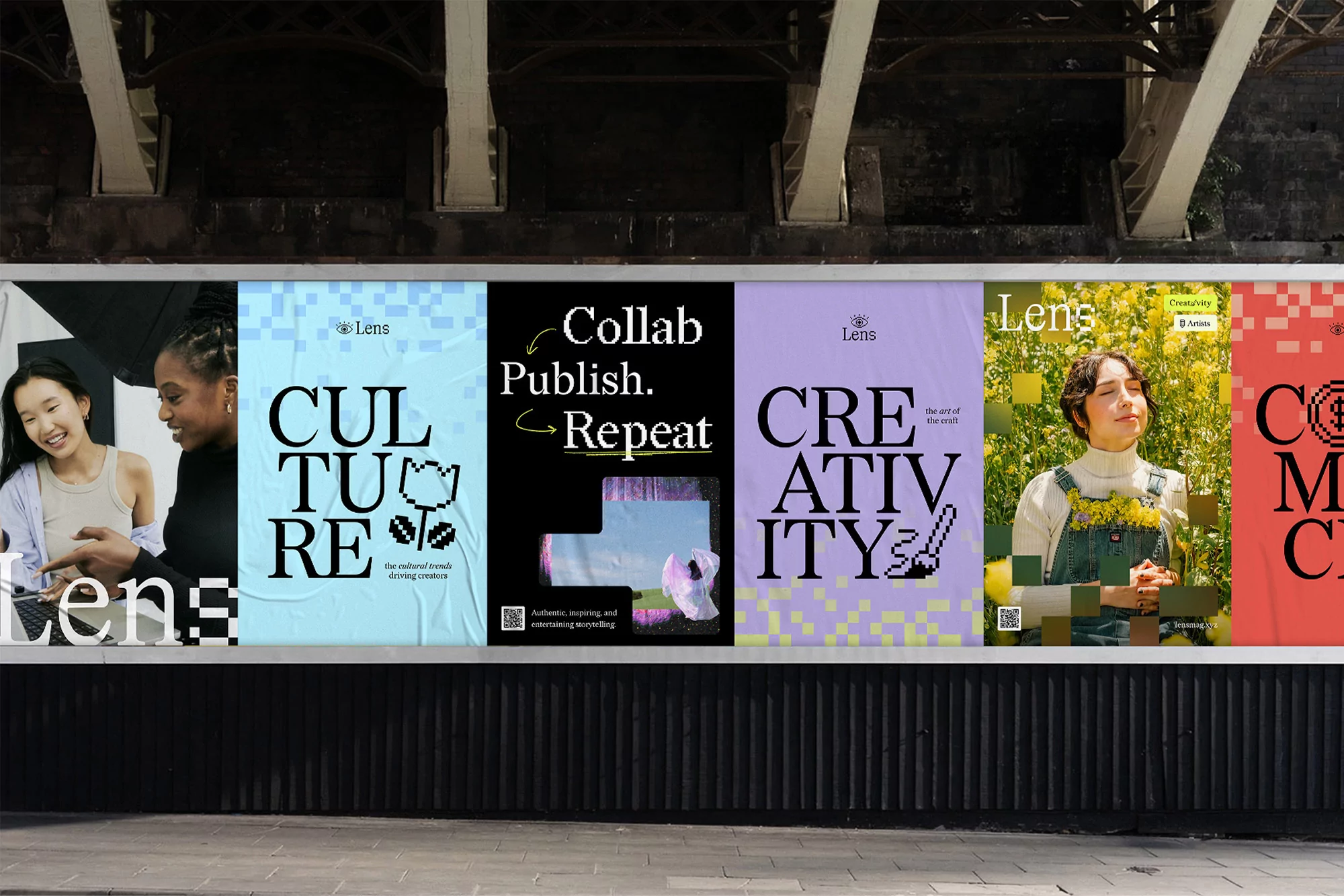 Urban posters showcase diverse images: women, text art with 'Culture,' 'Collab,' 'Creativity,' and 'Community,' reflecting modern artistic themes.