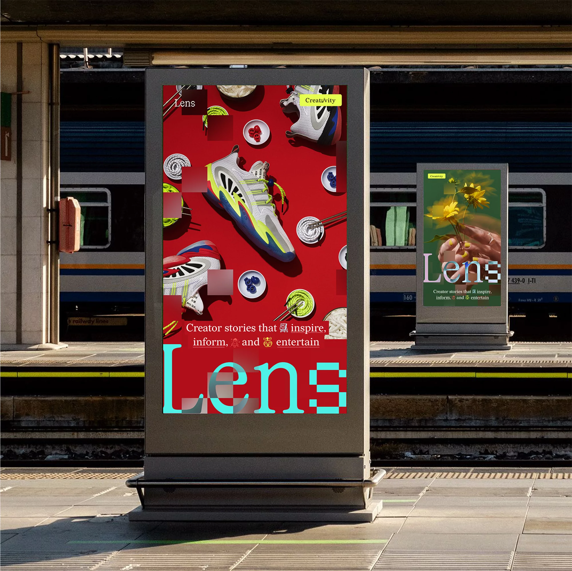 Eye-level shot of two digital billboards in a train station, one showcasing sneakers and the other displaying flowers.
