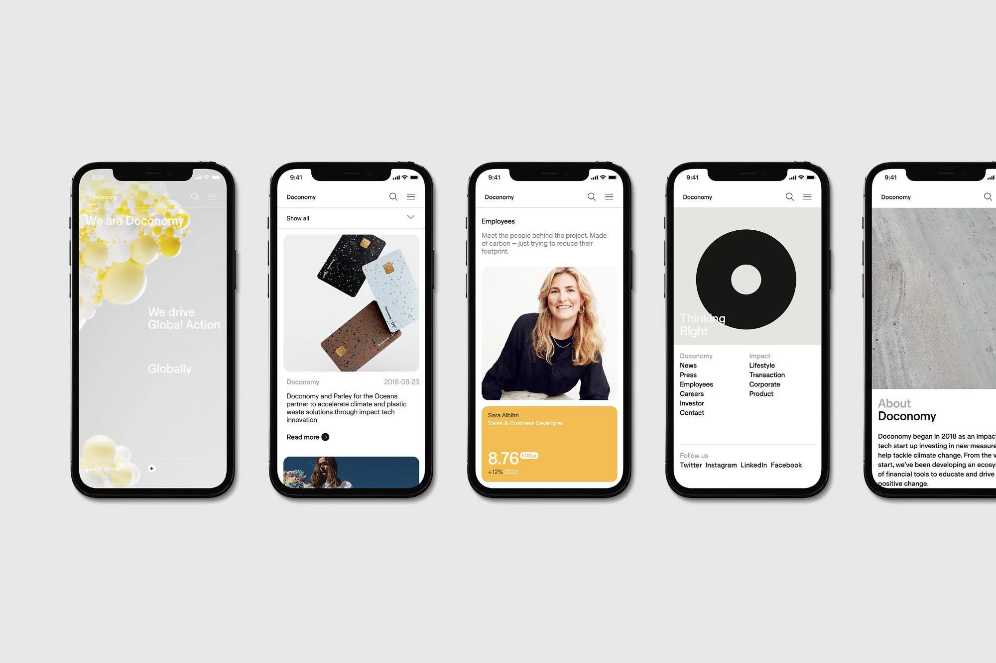 Multiple smartphones display the Doconomy app interface showing various screens and features of the application with a clean design.