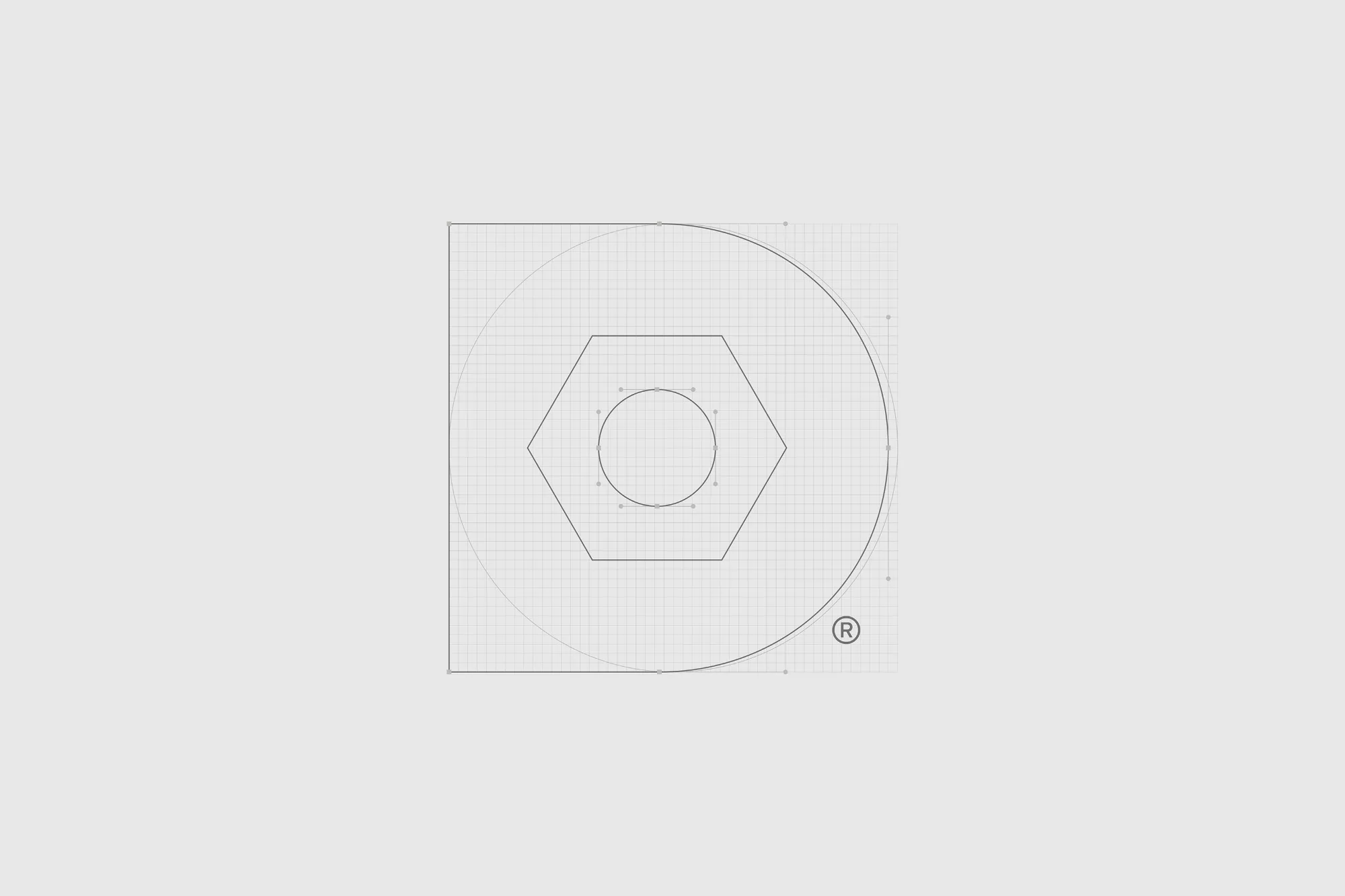 Technical drawing featuring a hexagon inside a circle, enclosed within a square shape, rendered in a precise line art style on grey background.