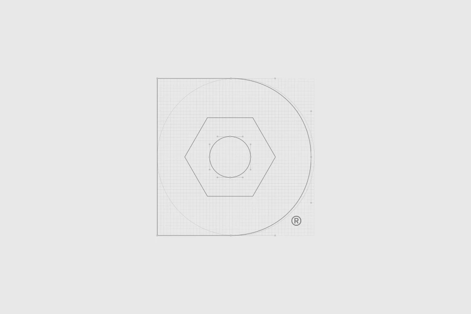 Technical drawing featuring a hexagon inside a circle, enclosed within a square shape, rendered in a precise line art style on grey background.