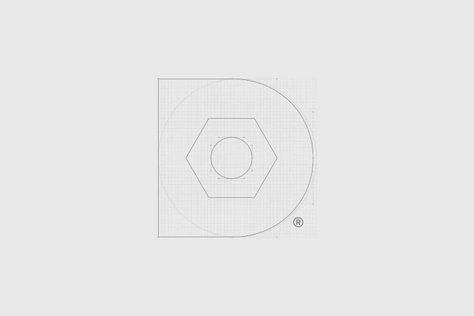 Technical drawing featuring a hexagon inside a circle, enclosed within a square shape, rendered in a precise line art style on grey background.