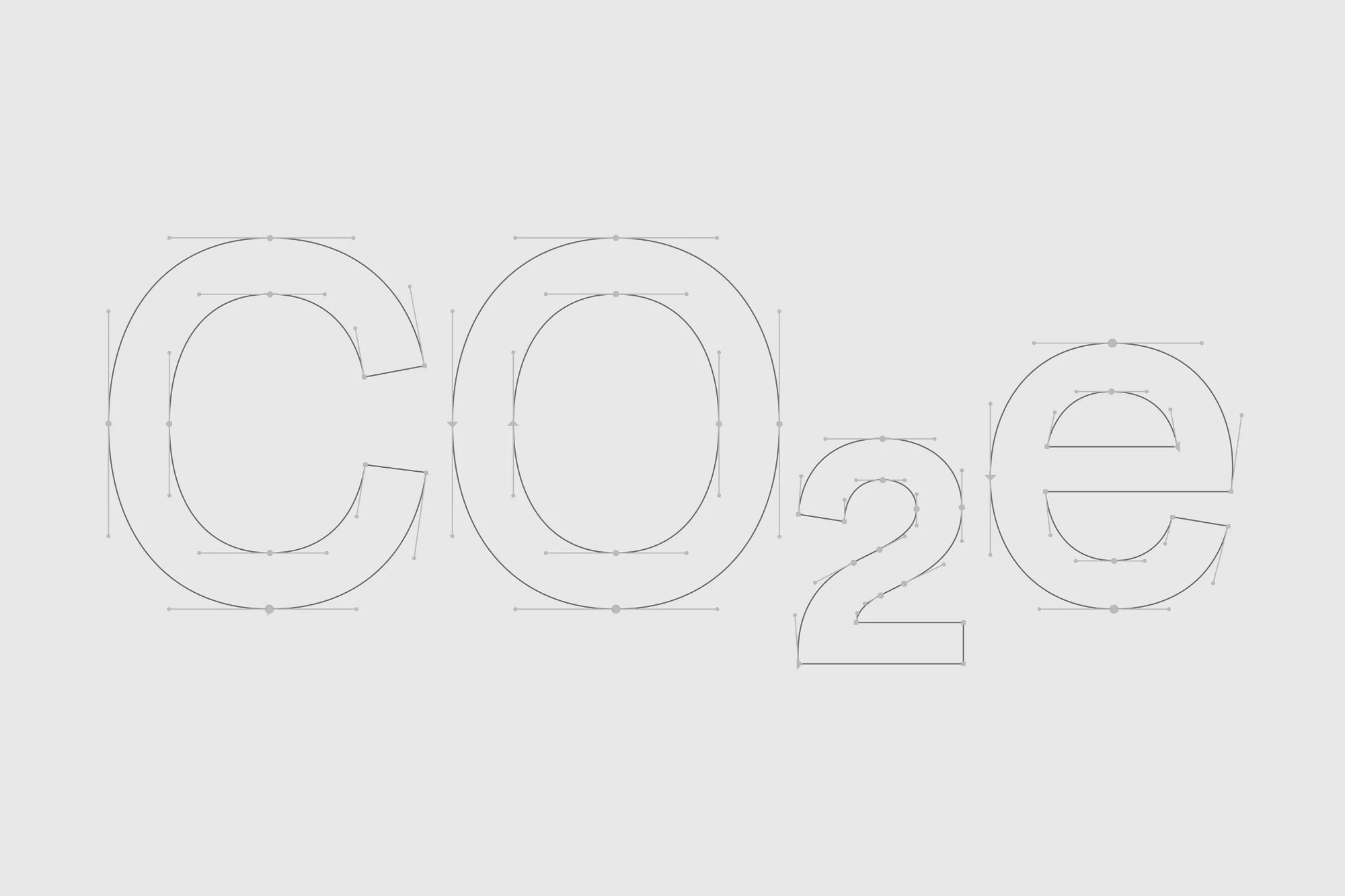CO2e lettering design with a thin line graphic style on a solid gray background. Graphic depicts carbon dioxide equivalent.
