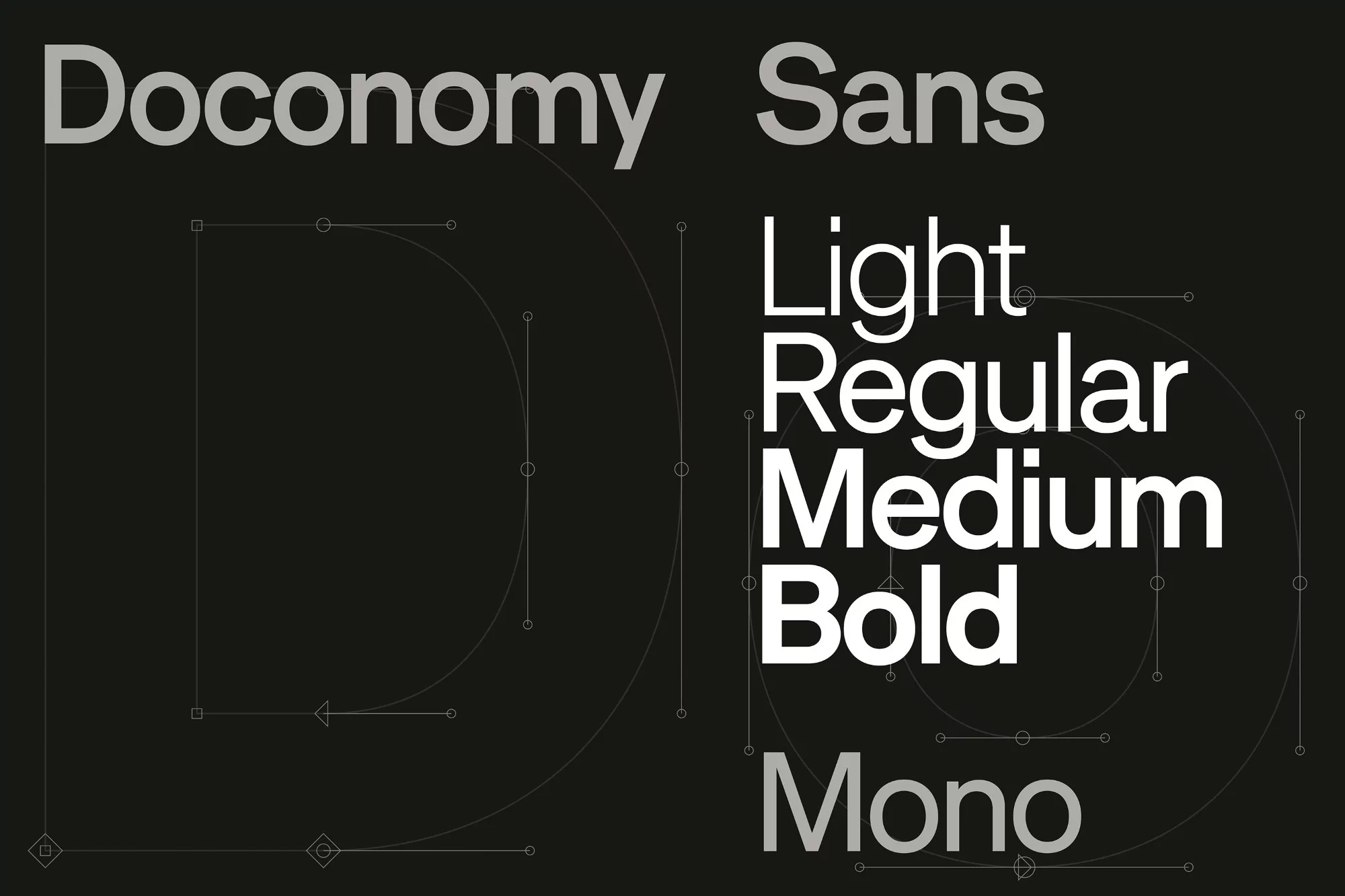 Typography showcasing the Doconomy Sans font family, featuring light, regular, medium, bold, and mono weights on a dark background.