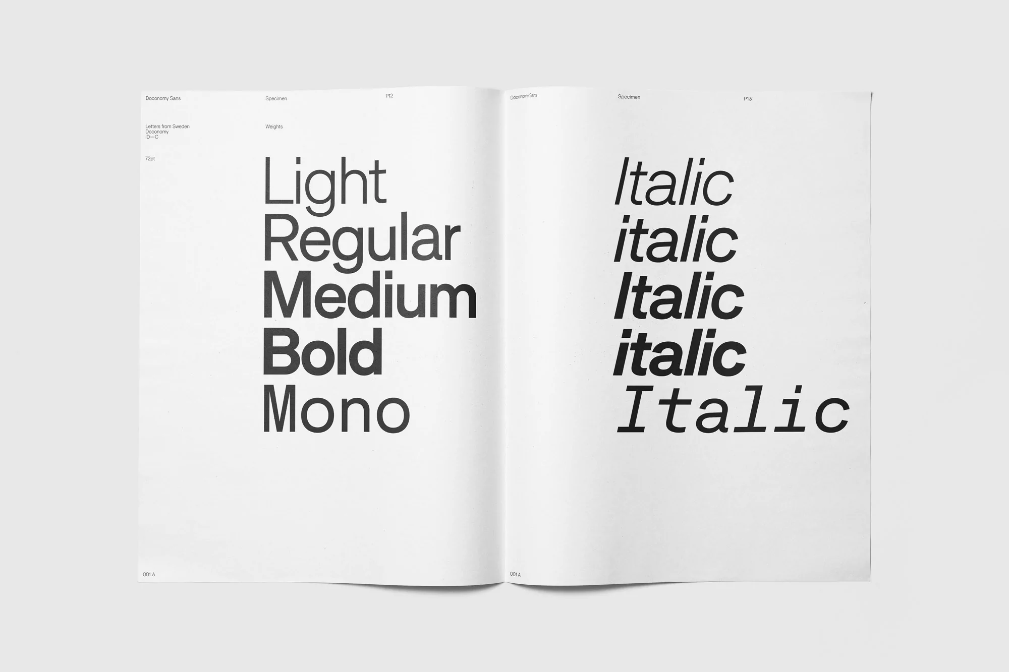 Open book pages featuring typography examples in various weights and styles, including light, regular, medium, bold, and italic.