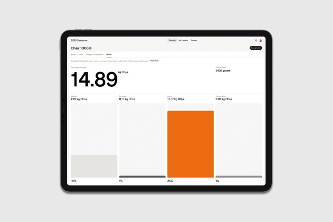 Digital tablet displaying data visualization of carbon footprint calculator results with percentages and weights of various materials.