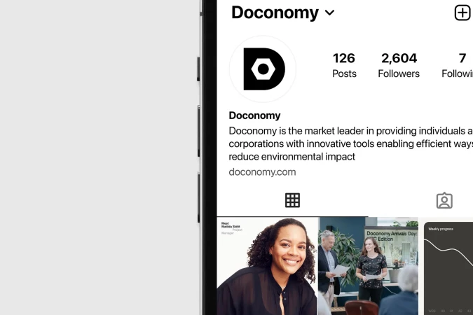 Doconomy's Instagram page on a smartphone screen displays posts, followers, and company information. A feed of images is visible.