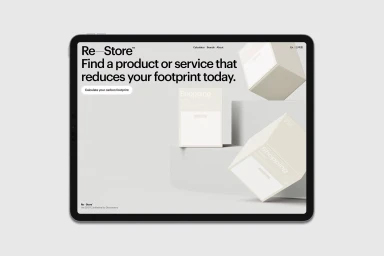 Digital tablet displaying website interface for Re Store by Doconomy with 3D product boxes on a neutral grey background