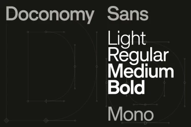 Typography spec sheet showcasing Doconomy Sans and Mono typefaces with vector bezier curves on a dark background