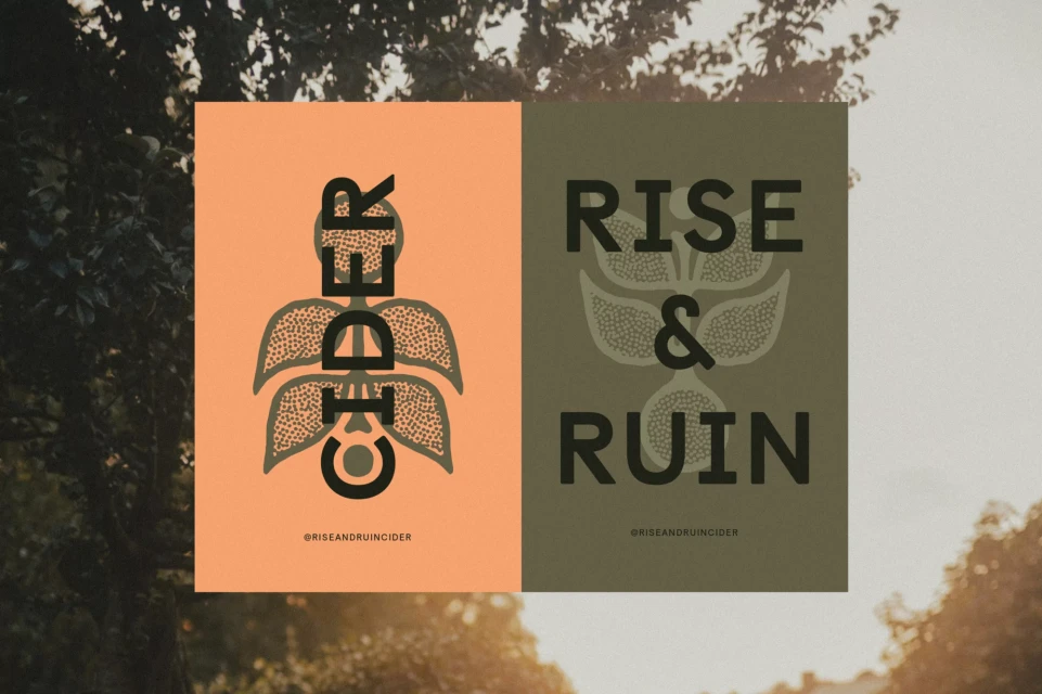 Two graphic posters featuring the word 'Cider' and the phrase 'Rise & Ruin' with decorative design elements on a blurred background.