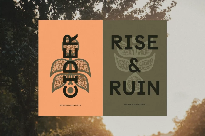 Two graphic posters featuring the word 'Cider' and the phrase 'Rise & Ruin' with decorative design elements on a blurred background.