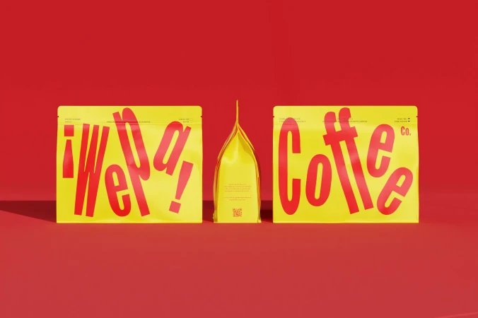 Three yellow coffee bags with red typographic designs. The bags are centered on a red background in a product photography style.